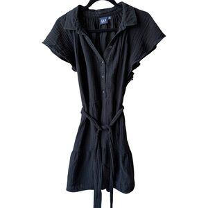 GAP Black Cotton Casual Tiered Dress with Ruffle Sleeve